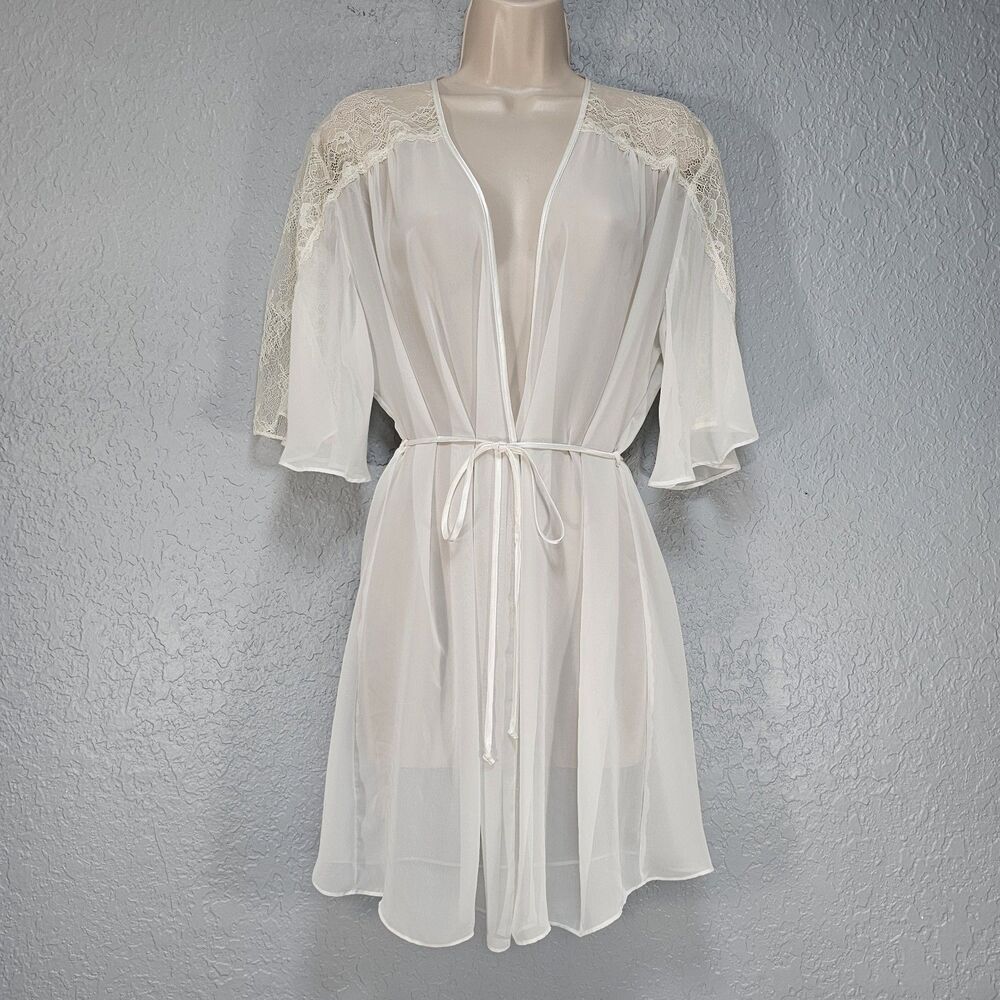 Jonquil Diane Samandi White Chiffon Floral Lace Trim Short Robe Peignoir Size L